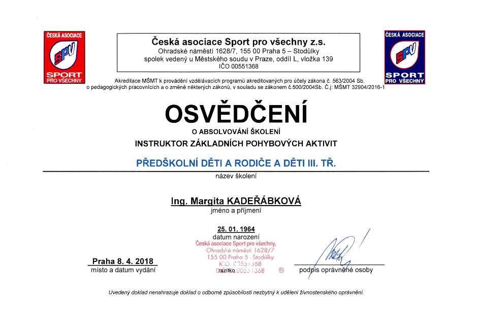 osvědčení Margity Kadeřábkové