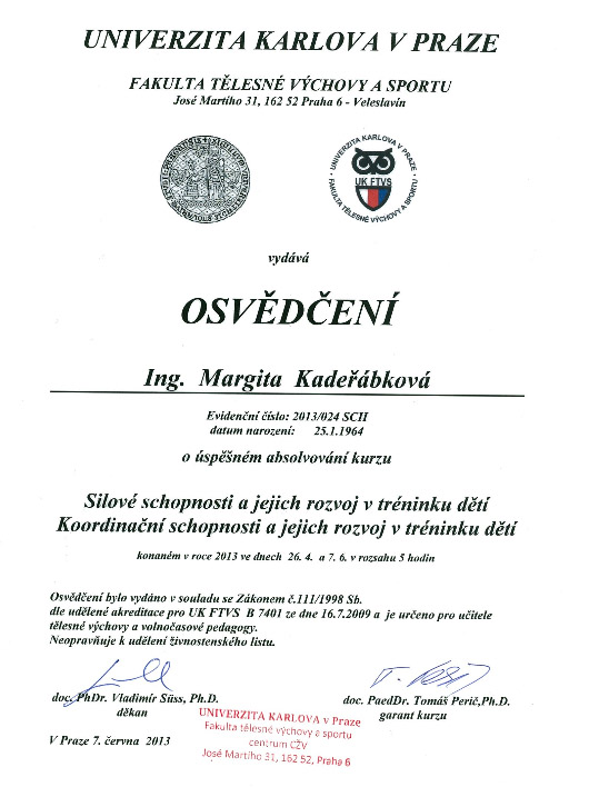 osvědčení Margity Kadeřábkové
